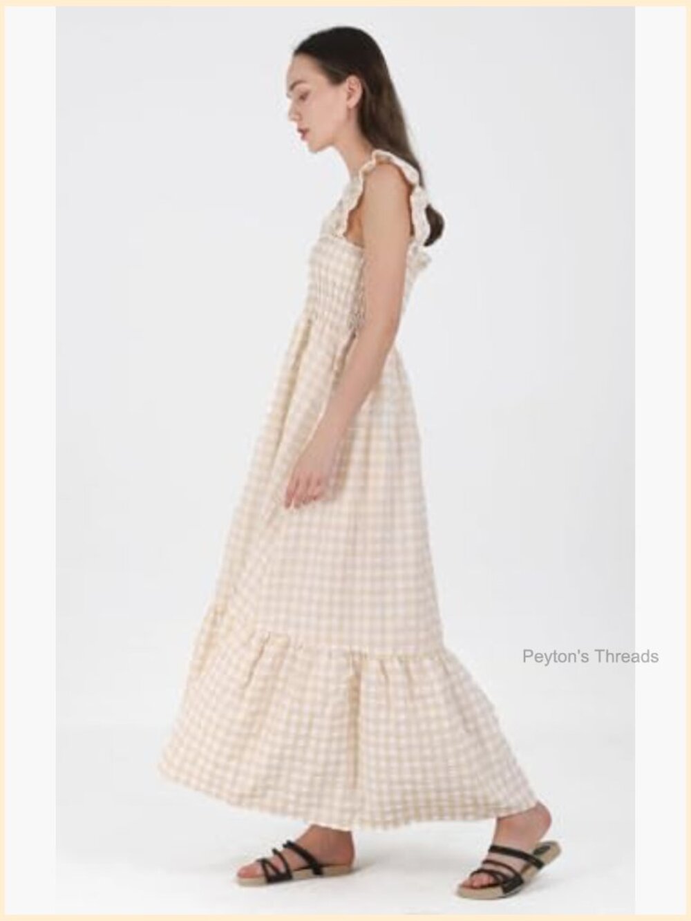 Sleeveless Strap Retro Plaid A-Line Smocked Maxi Long Dress Ruffled Hem - Picture 3 of 5